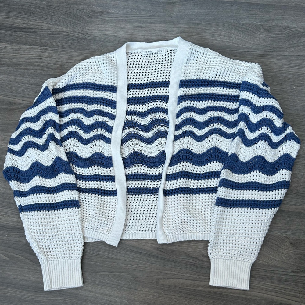 White and Blue Striped Knit Cardigan Cover up Summer Wide Knit Sweater